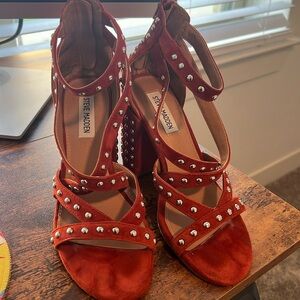 Orange block heel studed sandal